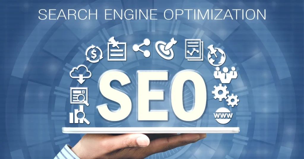 A visual graphic showing global SEO consulting with world map, digital analytics, or strategy elements.