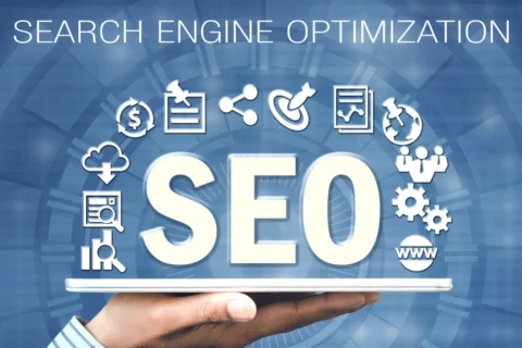 A visual graphic showing global SEO consulting with world map, digital analytics, or strategy elements.
