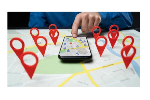 Illustration showing local SEO concepts like map pins, local business visibility, and nearby search optimization.