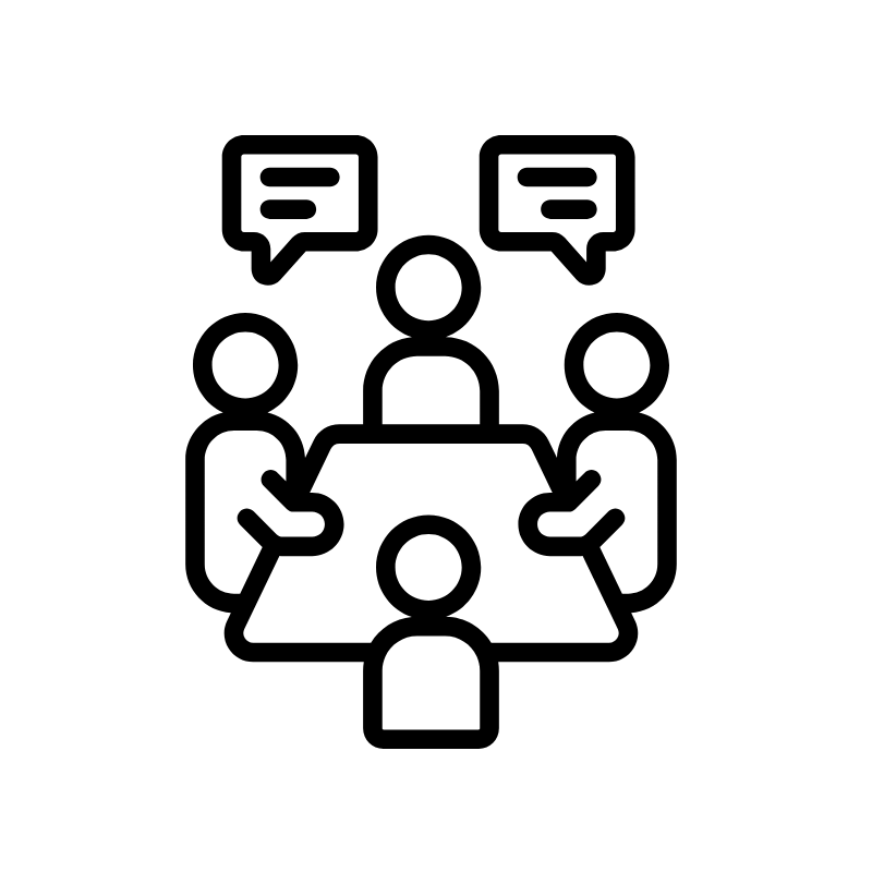 Icon showing business meeting or client discussion with people around a table or in conversation.