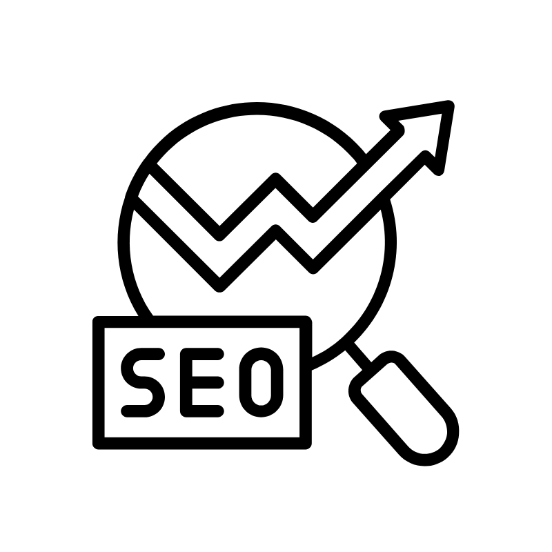 Icon representing search engine optimization with magnifying glass or chart.