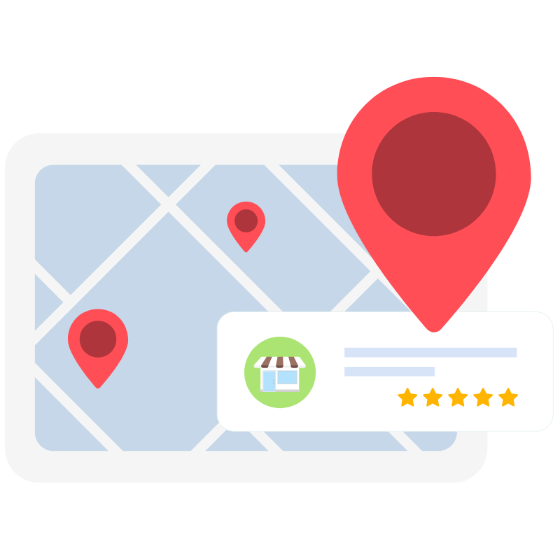 Illustration of a map with multiple red location pins and a business listing showing five-star reviews. Represents local SEO optimization and nearby search visibility.