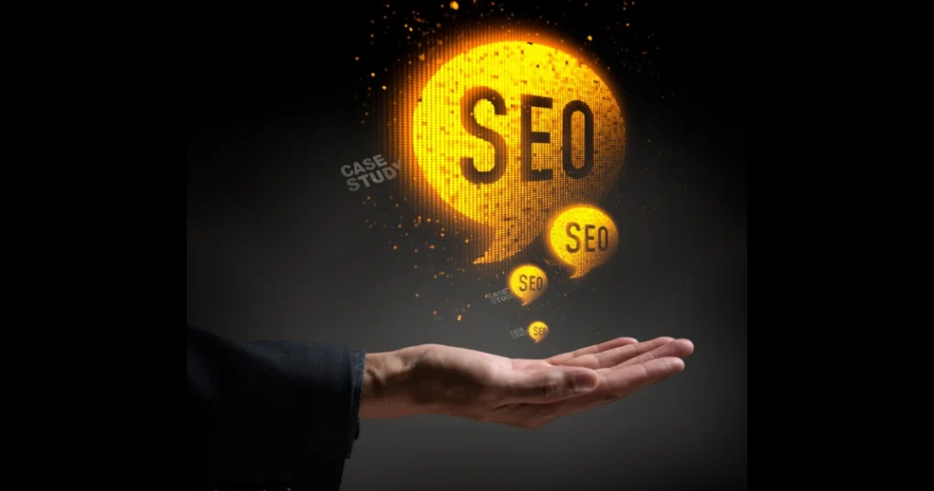 Hand holding glowing speech bubbles with the text SEO representing search engine optimization and case studies.